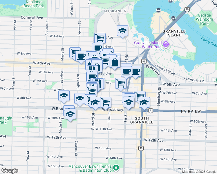 map of restaurants, bars, coffee shops, grocery stores, and more near 1734 West 6th Avenue in Vancouver
