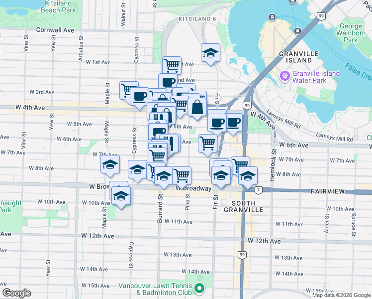 map of restaurants, bars, coffee shops, grocery stores, and more near 2201 Pine Street in Vancouver