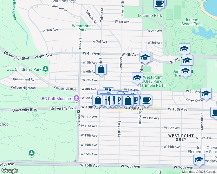 map of restaurants, bars, coffee shops, grocery stores, and more near 4557 West 8th Avenue in Vancouver