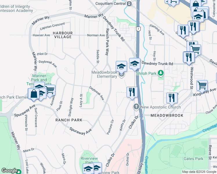 map of restaurants, bars, coffee shops, grocery stores, and more near 3058 Spuraway Avenue in Coquitlam
