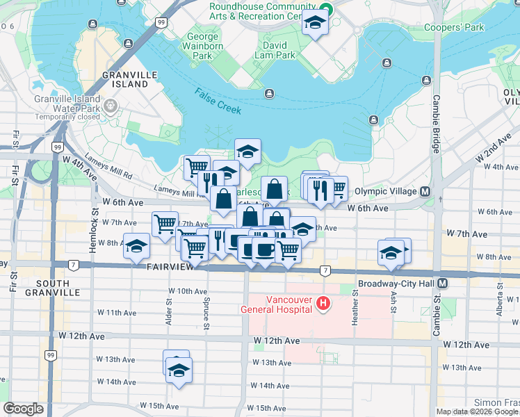 map of restaurants, bars, coffee shops, grocery stores, and more near 960 West 6th Avenue in Vancouver
