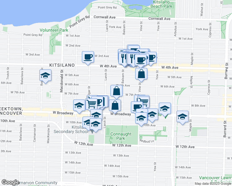 map of restaurants, bars, coffee shops, grocery stores, and more near 2439 West 7th Avenue in Vancouver