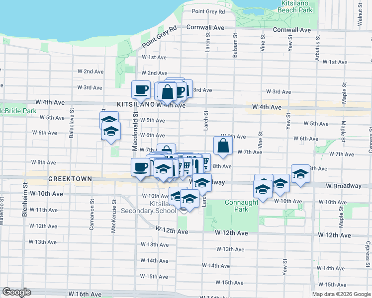 map of restaurants, bars, coffee shops, grocery stores, and more near 2573 West 7th Avenue in Vancouver