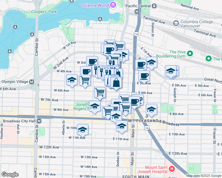 map of restaurants, bars, coffee shops, grocery stores, and more near 53 East 6th Avenue in Vancouver