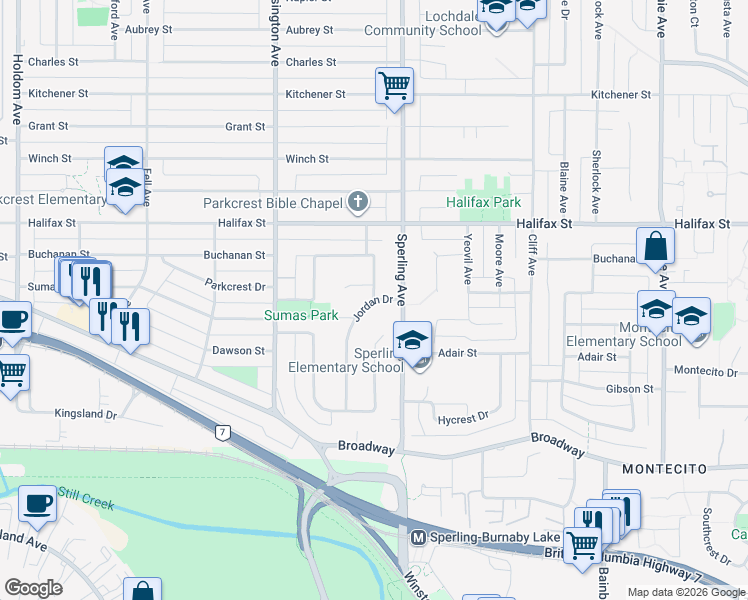 map of restaurants, bars, coffee shops, grocery stores, and more near 6693 Sumas Drive in Burnaby