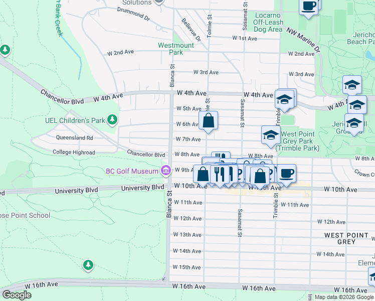 map of restaurants, bars, coffee shops, grocery stores, and more near 4649 West 8th Avenue in Vancouver
