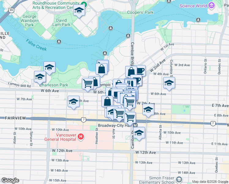 map of restaurants, bars, coffee shops, grocery stores, and more near W 6th Ave & Ash St in Vancouver