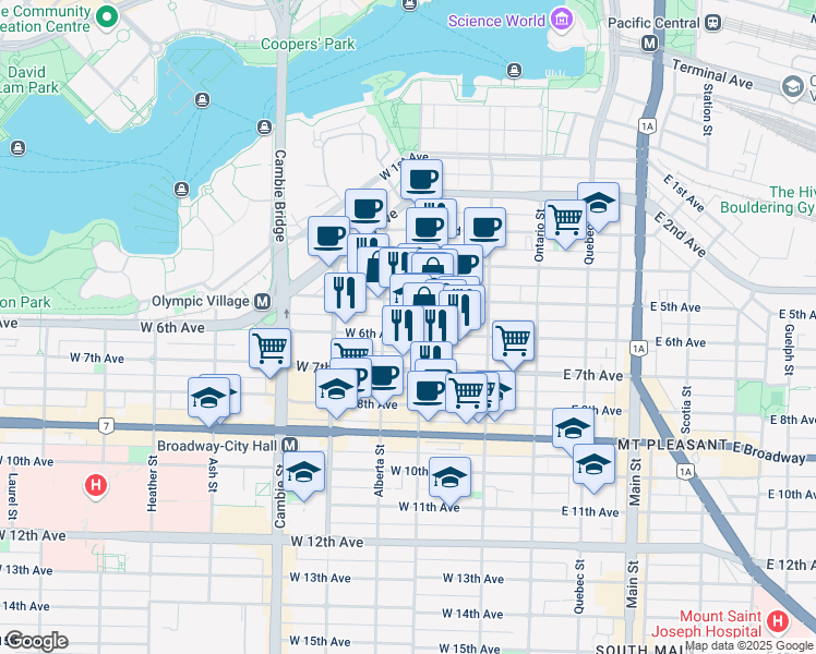 map of restaurants, bars, coffee shops, grocery stores, and more near 210 West 6th Avenue in Vancouver