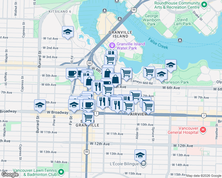 map of restaurants, bars, coffee shops, grocery stores, and more near 1350 West 6th Avenue in Vancouver