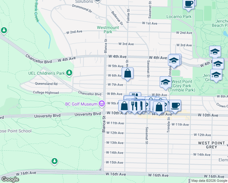 map of restaurants, bars, coffee shops, grocery stores, and more near 4653 West 8th Avenue in Vancouver