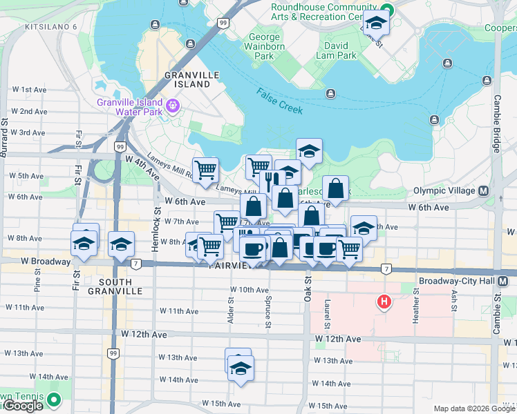 map of restaurants, bars, coffee shops, grocery stores, and more near 1100 West 6th Avenue in Vancouver
