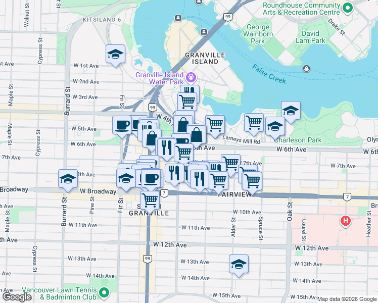 map of restaurants, bars, coffee shops, grocery stores, and more near 1350 West 6th Avenue in Vancouver