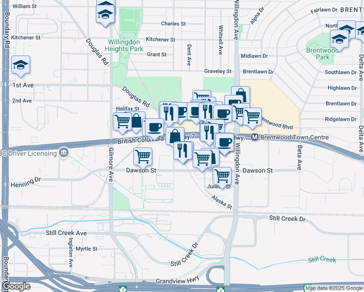 map of restaurants, bars, coffee shops, grocery stores, and more near 2088 Madison Avenue in Burnaby