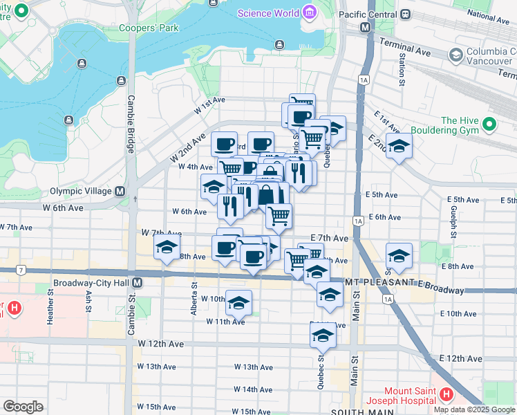 map of restaurants, bars, coffee shops, grocery stores, and more near in Vancouver
