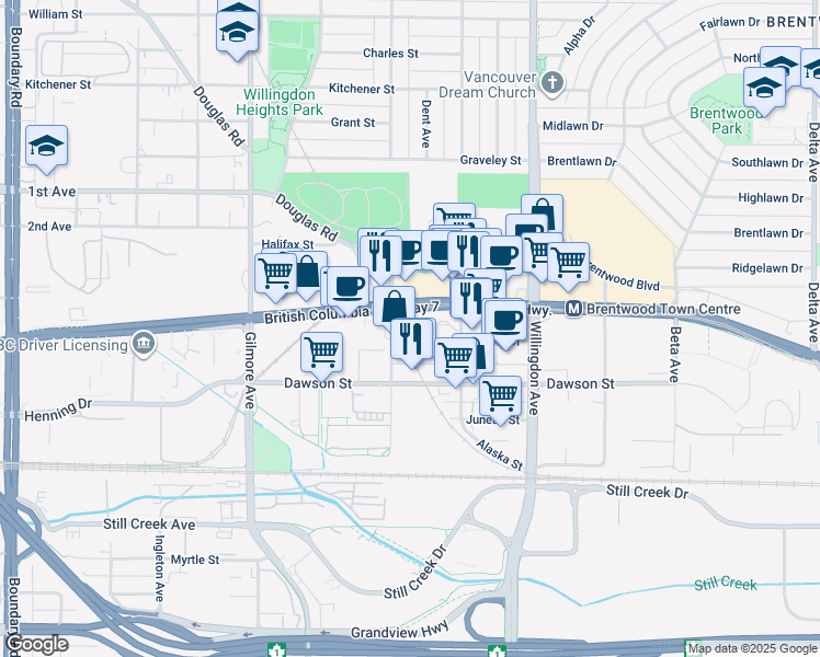 map of restaurants, bars, coffee shops, grocery stores, and more near 2088 Madison Avenue in Burnaby