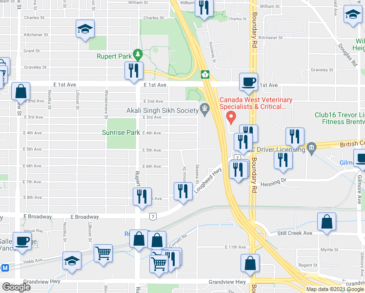 map of restaurants, bars, coffee shops, grocery stores, and more near 3455 East 5th Avenue in Vancouver
