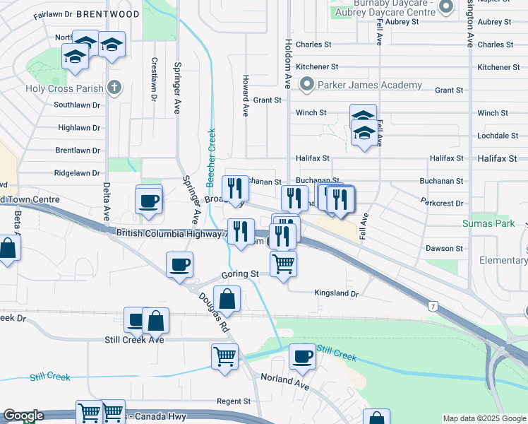 map of restaurants, bars, coffee shops, grocery stores, and more near 5655 Broadway in Burnaby