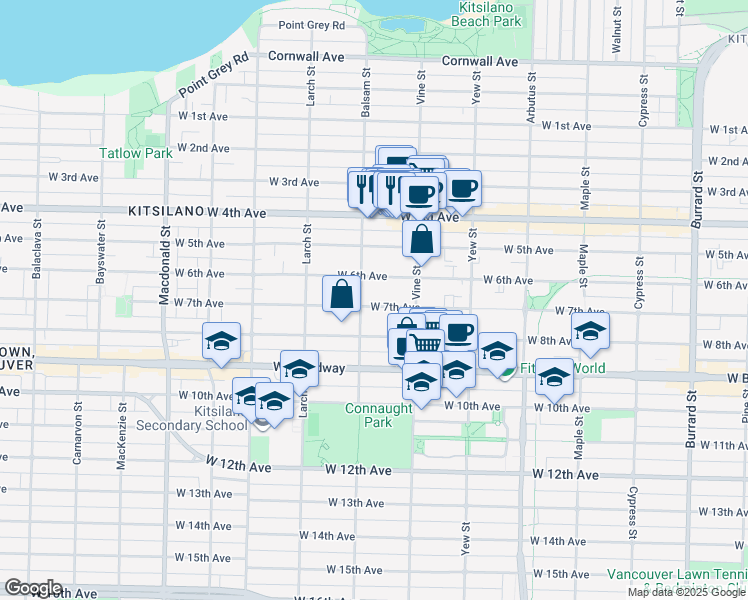 map of restaurants, bars, coffee shops, grocery stores, and more near 2377 West 7th Avenue in Vancouver