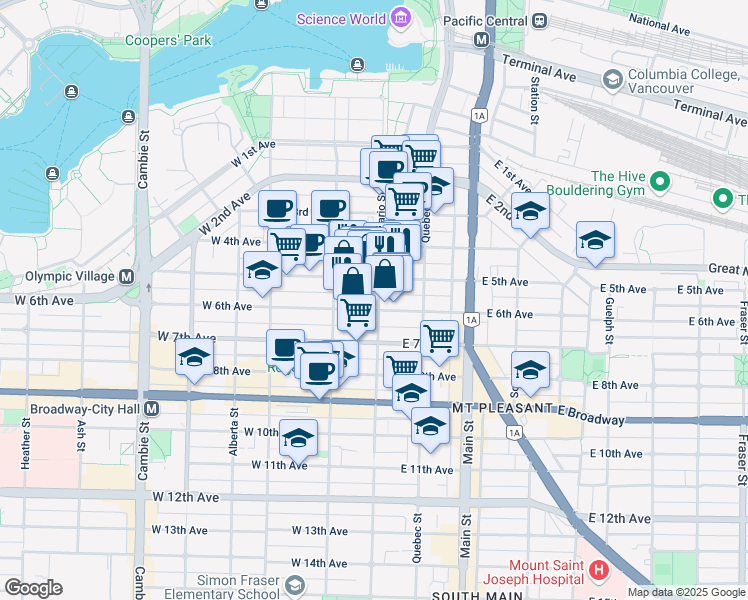 map of restaurants, bars, coffee shops, grocery stores, and more near in Vancouver