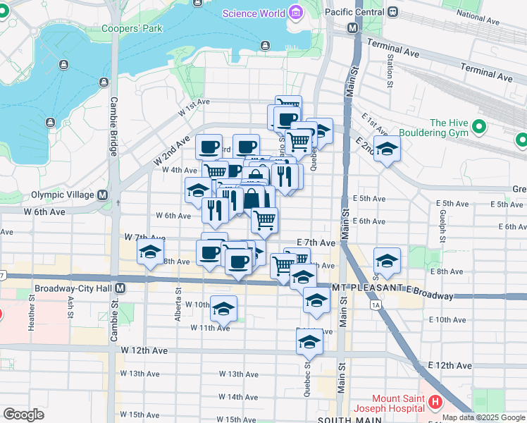 map of restaurants, bars, coffee shops, grocery stores, and more near in Vancouver