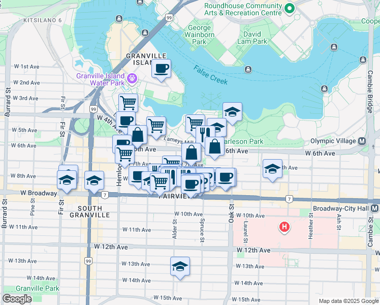 map of restaurants, bars, coffee shops, grocery stores, and more near 302 West 6th Avenue in Vancouver