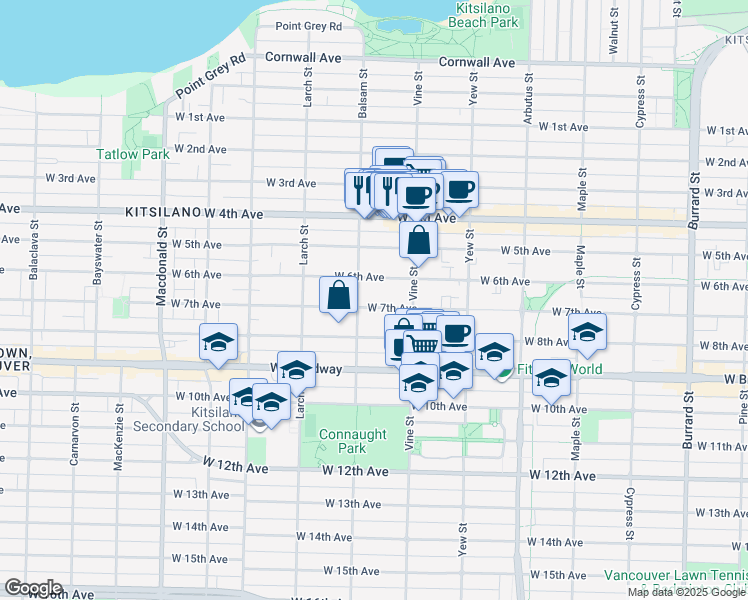 map of restaurants, bars, coffee shops, grocery stores, and more near 2373 West 7th Avenue in Vancouver