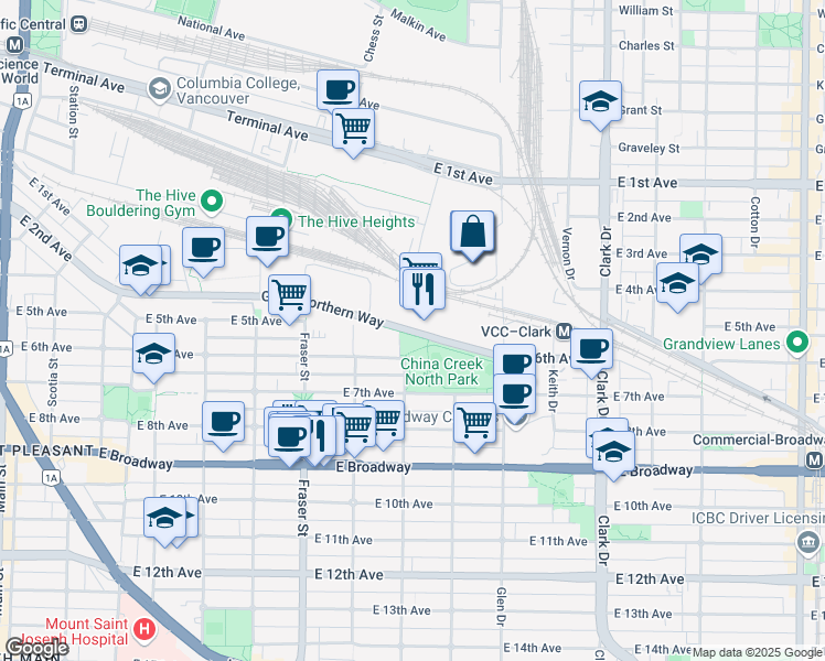 map of restaurants, bars, coffee shops, grocery stores, and more near in Vancouver