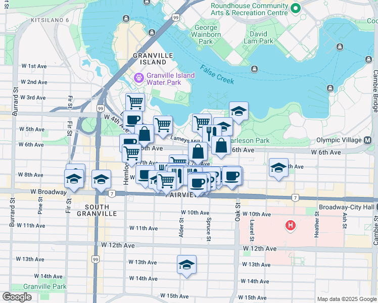 map of restaurants, bars, coffee shops, grocery stores, and more near 1184 West 6th Avenue in Vancouver