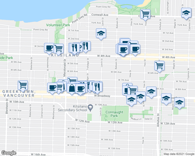 map of restaurants, bars, coffee shops, grocery stores, and more near 2525 West 7th Avenue in Vancouver