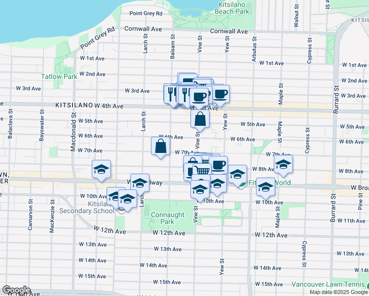 map of restaurants, bars, coffee shops, grocery stores, and more near 2343 West 7th Avenue in Vancouver