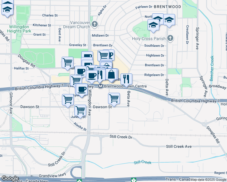 map of restaurants, bars, coffee shops, grocery stores, and more near 4650 Lougheed Highway in Burnaby