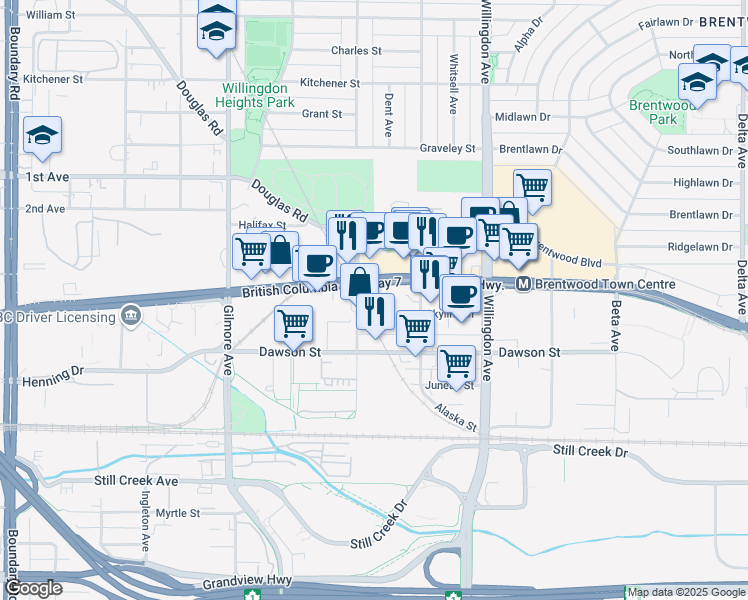 map of restaurants, bars, coffee shops, grocery stores, and more near 2104 Madison Avenue in Burnaby