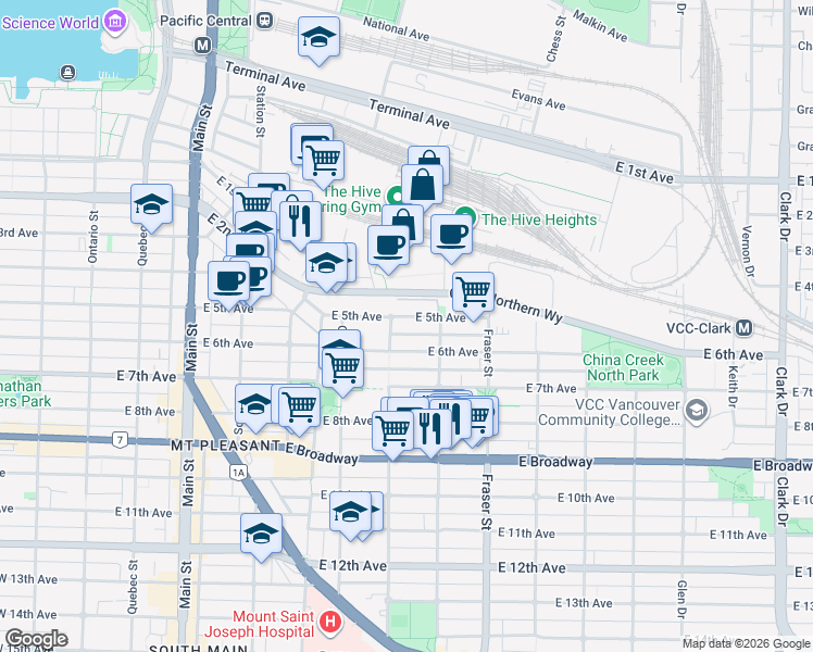 map of restaurants, bars, coffee shops, grocery stores, and more near 532 East 5th Avenue in Vancouver