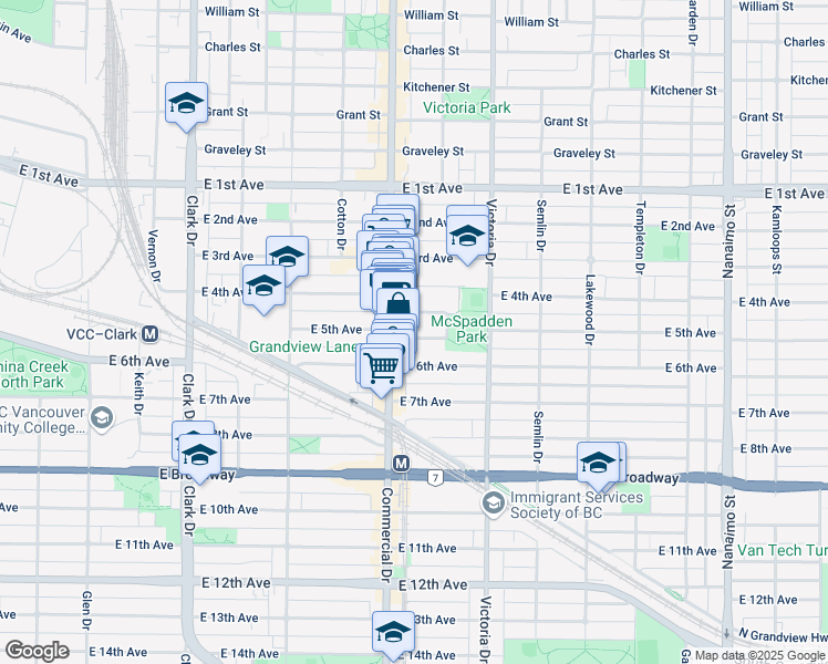 map of restaurants, bars, coffee shops, grocery stores, and more near 1737 East 5th Avenue in Vancouver