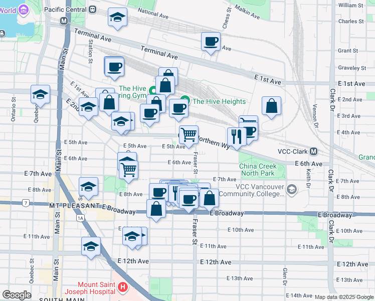 map of restaurants, bars, coffee shops, grocery stores, and more near 708 East 5th Avenue in Vancouver