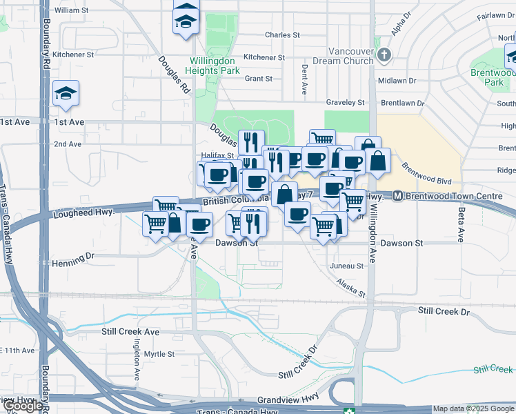 map of restaurants, bars, coffee shops, grocery stores, and more near 4219 B Lougheed Highway in Burnaby