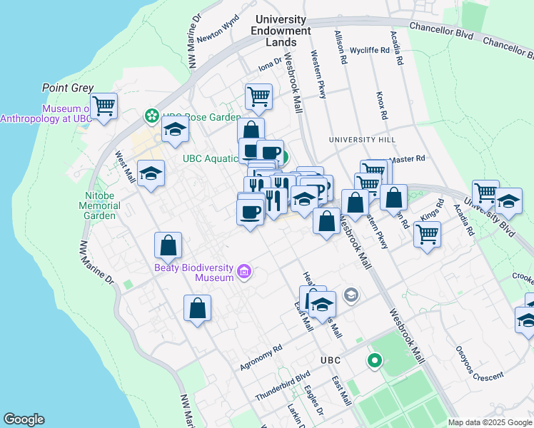 map of restaurants, bars, coffee shops, grocery stores, and more near 6163 University Boulevard in Vancouver