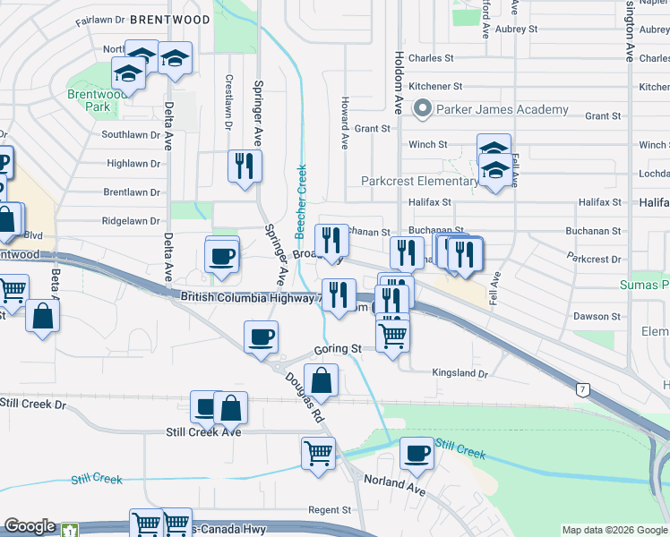 map of restaurants, bars, coffee shops, grocery stores, and more near 5460 Broadway in Burnaby