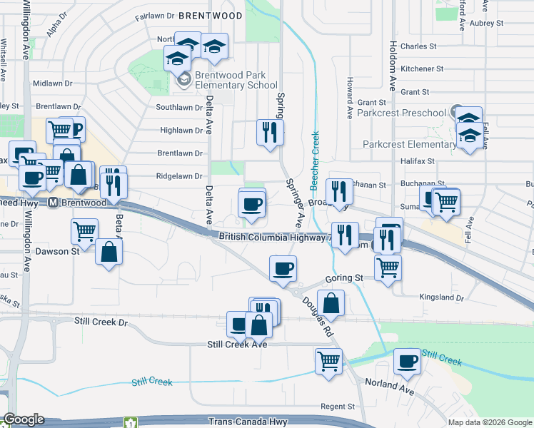 map of restaurants, bars, coffee shops, grocery stores, and more near 2041 Bellwood Avenue in Burnaby