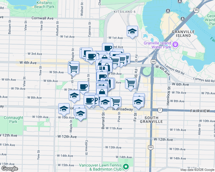 map of restaurants, bars, coffee shops, grocery stores, and more near 1777 West 7th Avenue in Vancouver