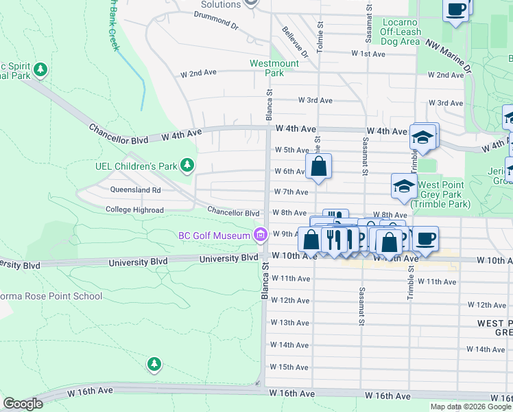 map of restaurants, bars, coffee shops, grocery stores, and more near 4709 Chancellor Boulevard in Vancouver