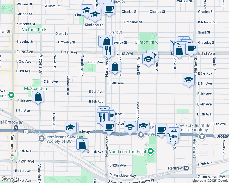 map of restaurants, bars, coffee shops, grocery stores, and more near 2455 East 5th Avenue in Vancouver