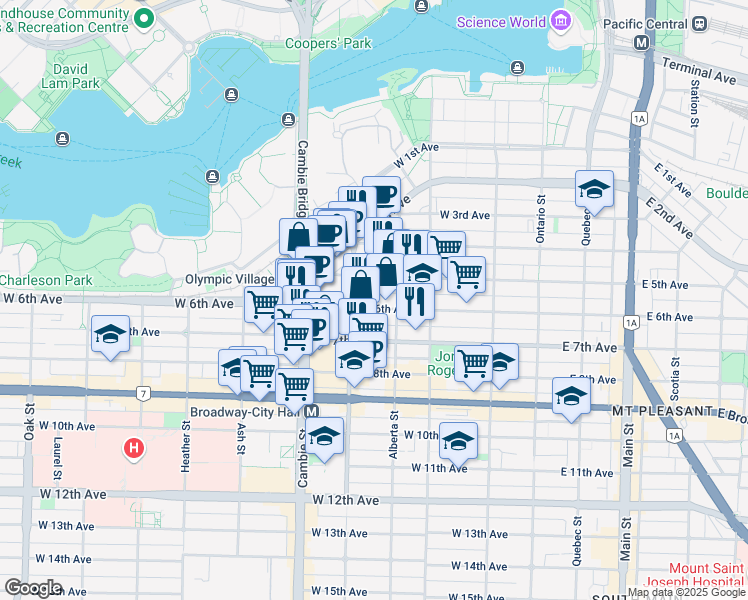 map of restaurants, bars, coffee shops, grocery stores, and more near in Vancouver