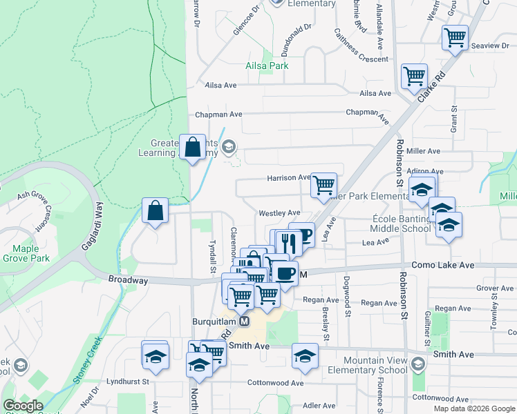 map of restaurants, bars, coffee shops, grocery stores, and more near 648 Gardena Drive in Coquitlam