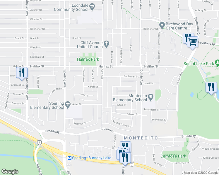 map of restaurants, bars, coffee shops, grocery stores, and more near 2019 Paulus Crescent in Burnaby