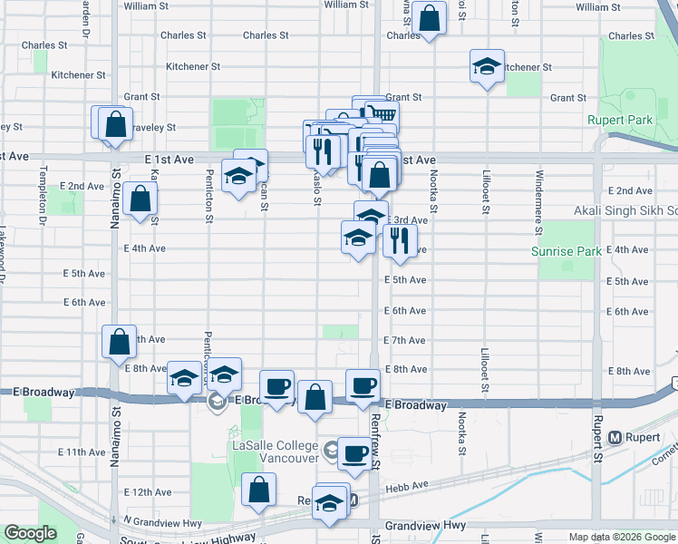 map of restaurants, bars, coffee shops, grocery stores, and more near 2843 East 5th Avenue in Vancouver