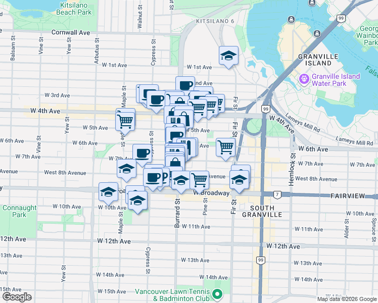 map of restaurants, bars, coffee shops, grocery stores, and more near 1777 West 7th Avenue in Vancouver