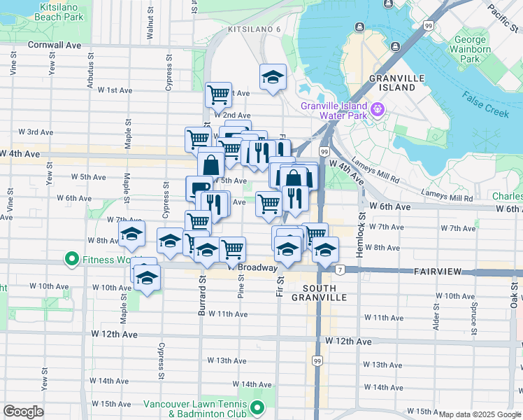 map of restaurants, bars, coffee shops, grocery stores, and more near in Vancouver
