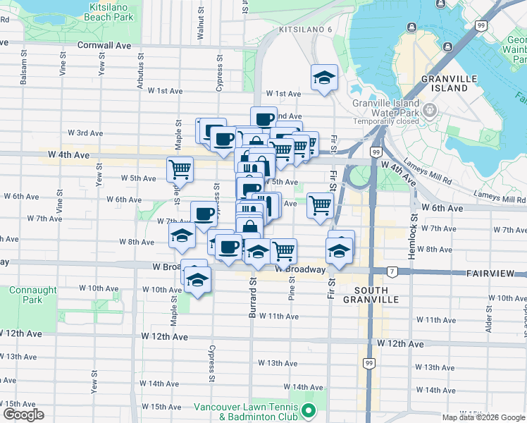 map of restaurants, bars, coffee shops, grocery stores, and more near 1777 West 7th Avenue in Vancouver