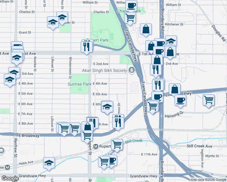 map of restaurants, bars, coffee shops, grocery stores, and more near 3423 East 5th Avenue in Vancouver